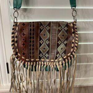 Rustic Brown and Green Crossbody Bag with Fringe Detail